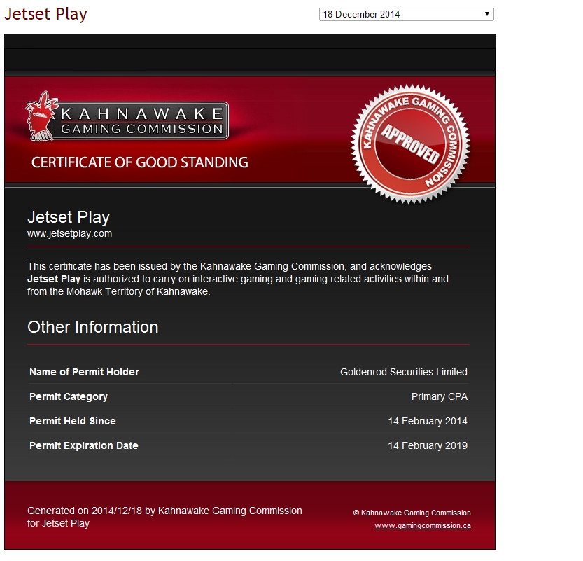 Licence de jeu de JetsetPlay Casino Licence de jeu de JetsetPlay Casino