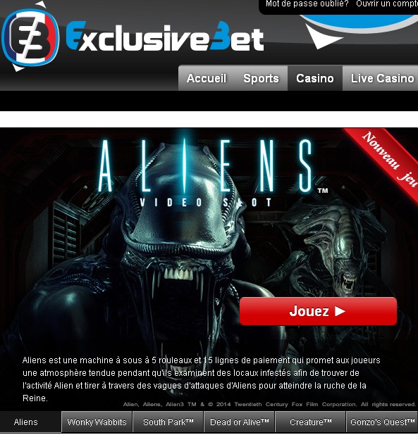 Machines a sous Aliens sur Exclusivebet Casino