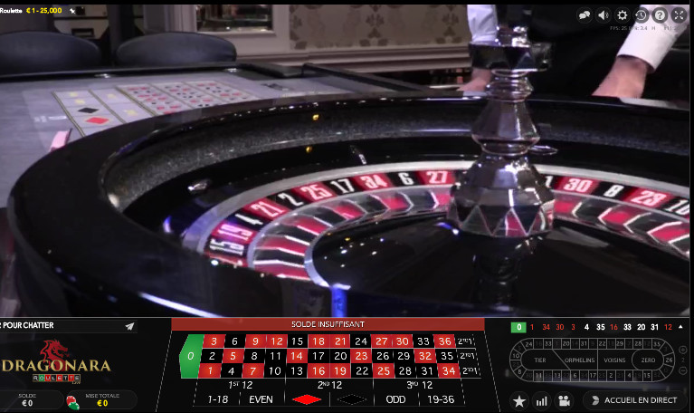 Vue de la table de live roulette du Dragonara Casino