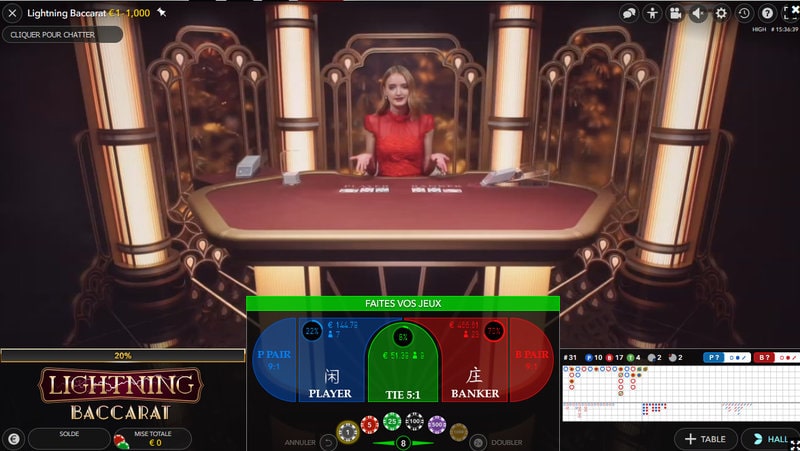 Jeu Lightning Baccarat avec croupière en direct