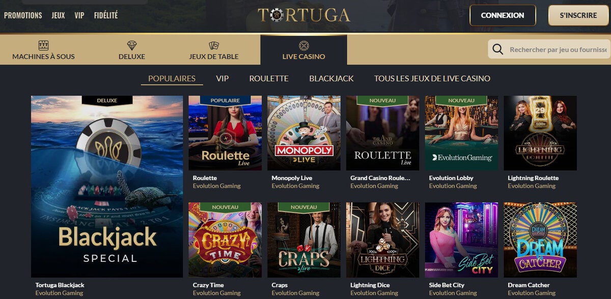 Live casino Tortuga avec jeux avec croupiers en direct d'Evolution